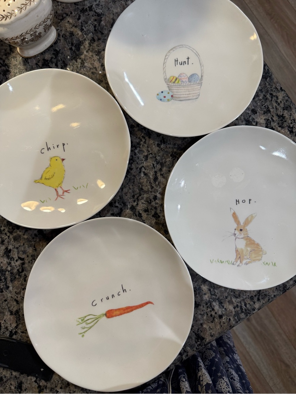 Rae Dunn White Dessert Plates with Pastel Spring Motifs
